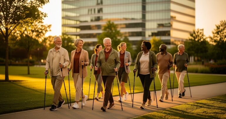 Salariés seniors pratiquant la marche nordique près d'un bureau d'entreprise