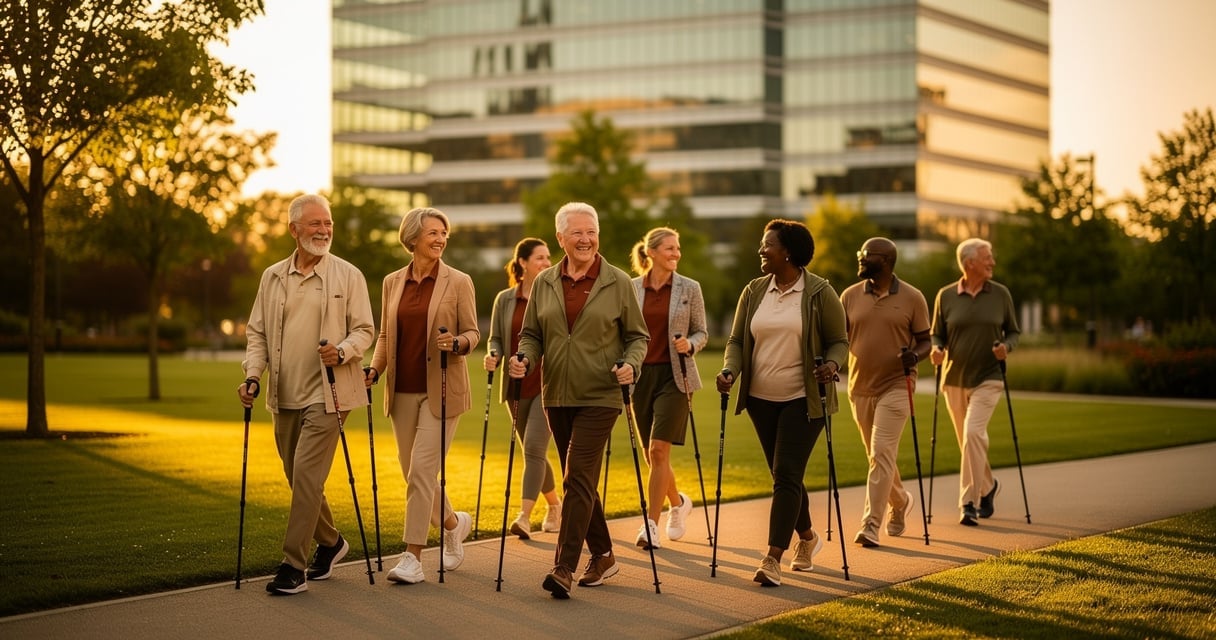 Salariés seniors pratiquant la marche nordique près d'un bureau d'entreprise
