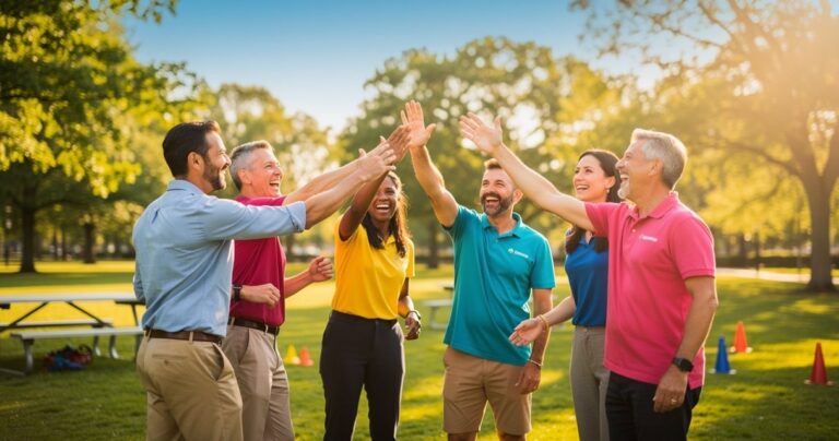 Equipe d'entreprise lors d'une activite team building outdoor en plein air