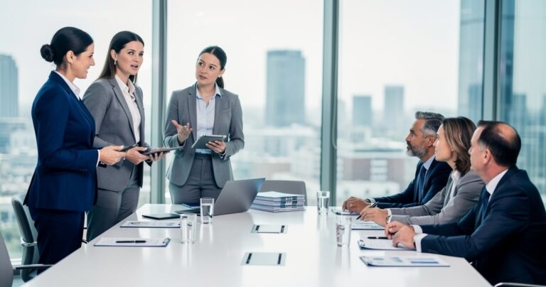 Présentation d'un dossier sport en entreprise devant la direction en salle de réunion