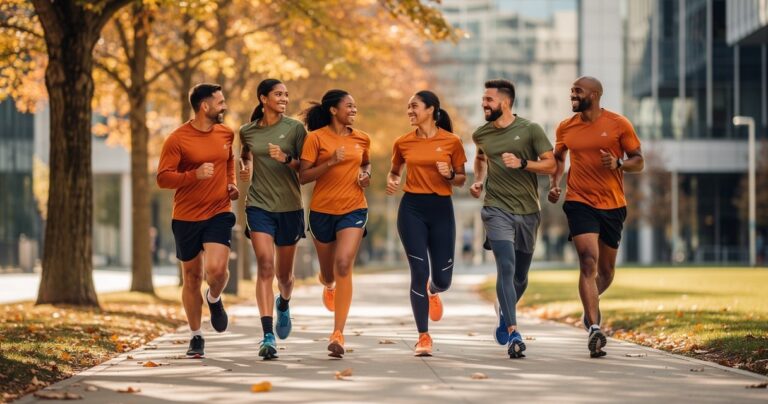 Équipe de salariés courant ensemble en tenue de running lors d'une sortie de club d'entreprise