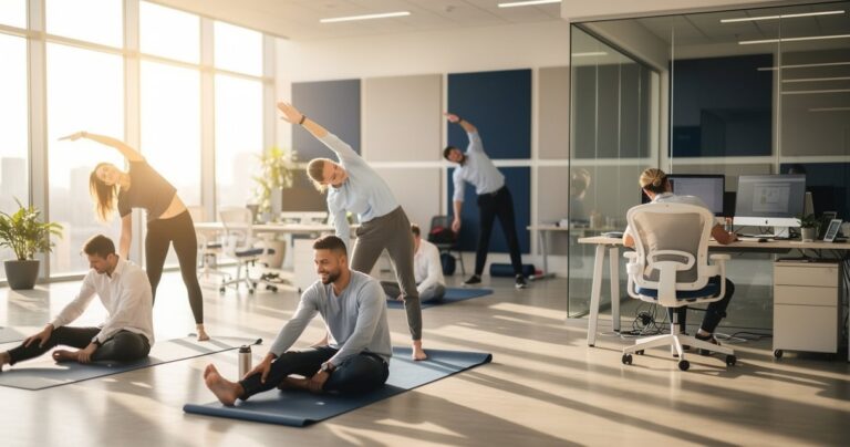 Salariés pratiquant un exercice de stretching dans un espace fitness aménagé en entreprise