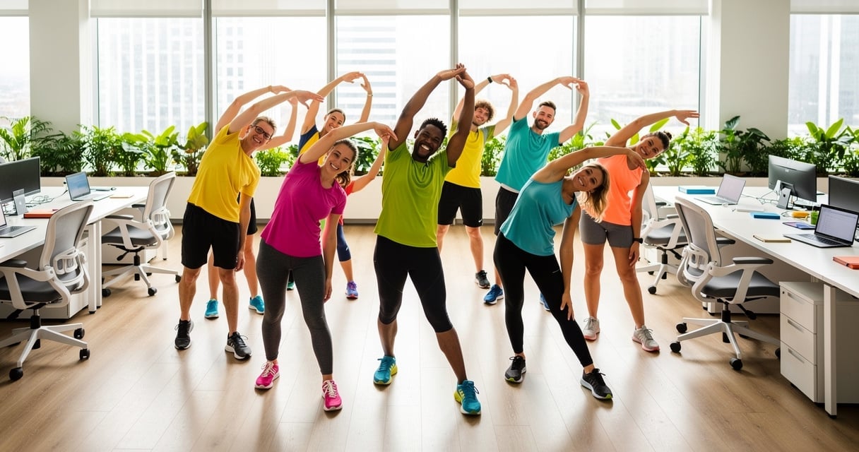 Équipe de salariés faisant des étirements collectifs dans un espace de bureau moderne