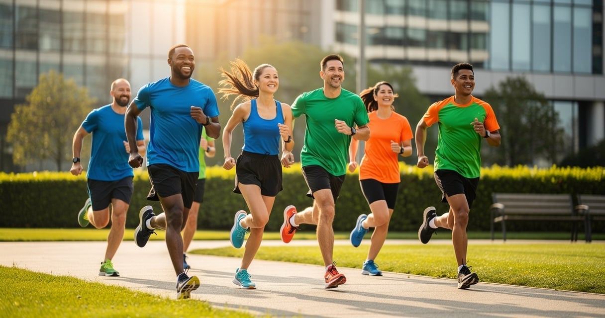 Equipes de collaborateurs courant ensemble lors d un challenge sportif inter-equipes en entreprise