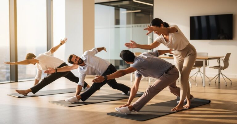 Séance de pilates en entreprise dans une salle de réunion lumineuse