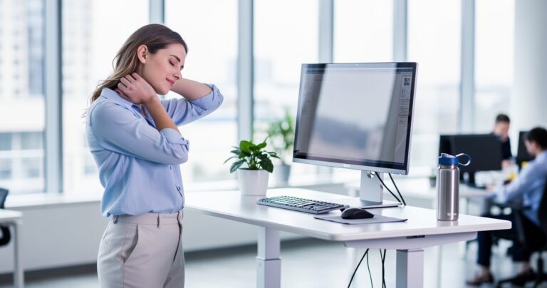 Salariée réalisant un étirement de la nuque à son poste de travail au bureau