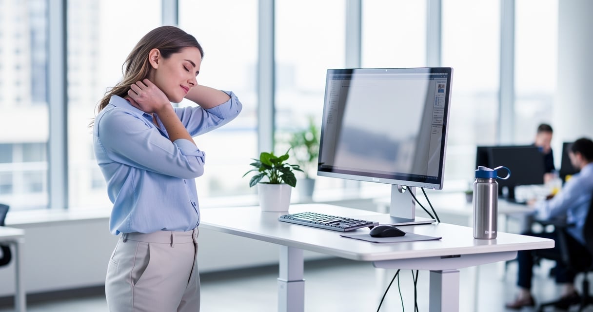 Salariée réalisant un étirement de la nuque à son poste de travail au bureau