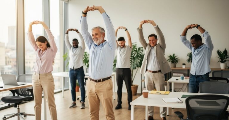 Salariés pratiquant des étirements collectifs au bureau pendant la pause déjeuner