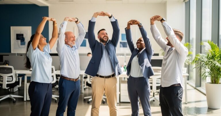 Équipe en entreprise faisant des exercices d'étirement pendant la pause déjeuner