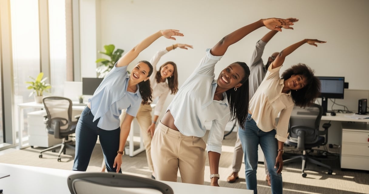 Groupe de salariés faisant des exercices de stretching dans un bureau moderne