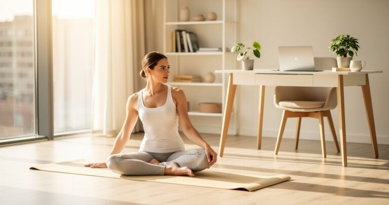Femme en teletravail faisant des etirements dans son bureau a domicile