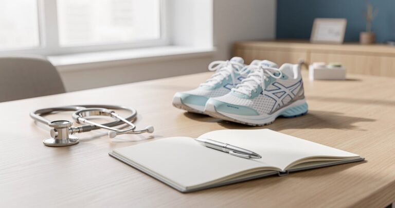 Bureau d'entreprise avec stéthoscope et chaussures de sport, symbole du sport sur ordonnance en milieu professionnel