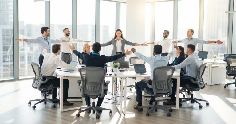 Salariés pratiquant des exercices de stretching ensemble dans un bureau moderne