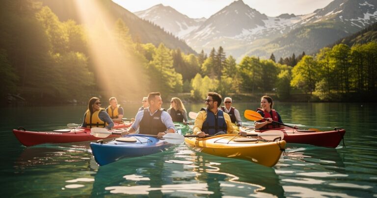 Equipe en entreprise pratiquant le kayak collectif sur un lac de montagne dans les Pyrenees en Occitanie