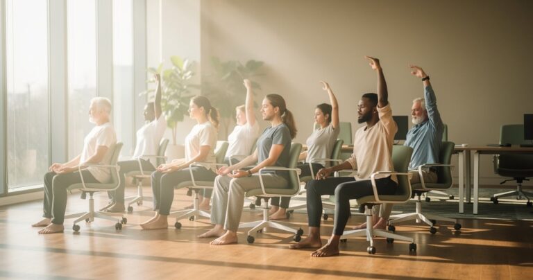 Salariés pratiquant le yoga sur chaise dans une salle de réunion lumineuse